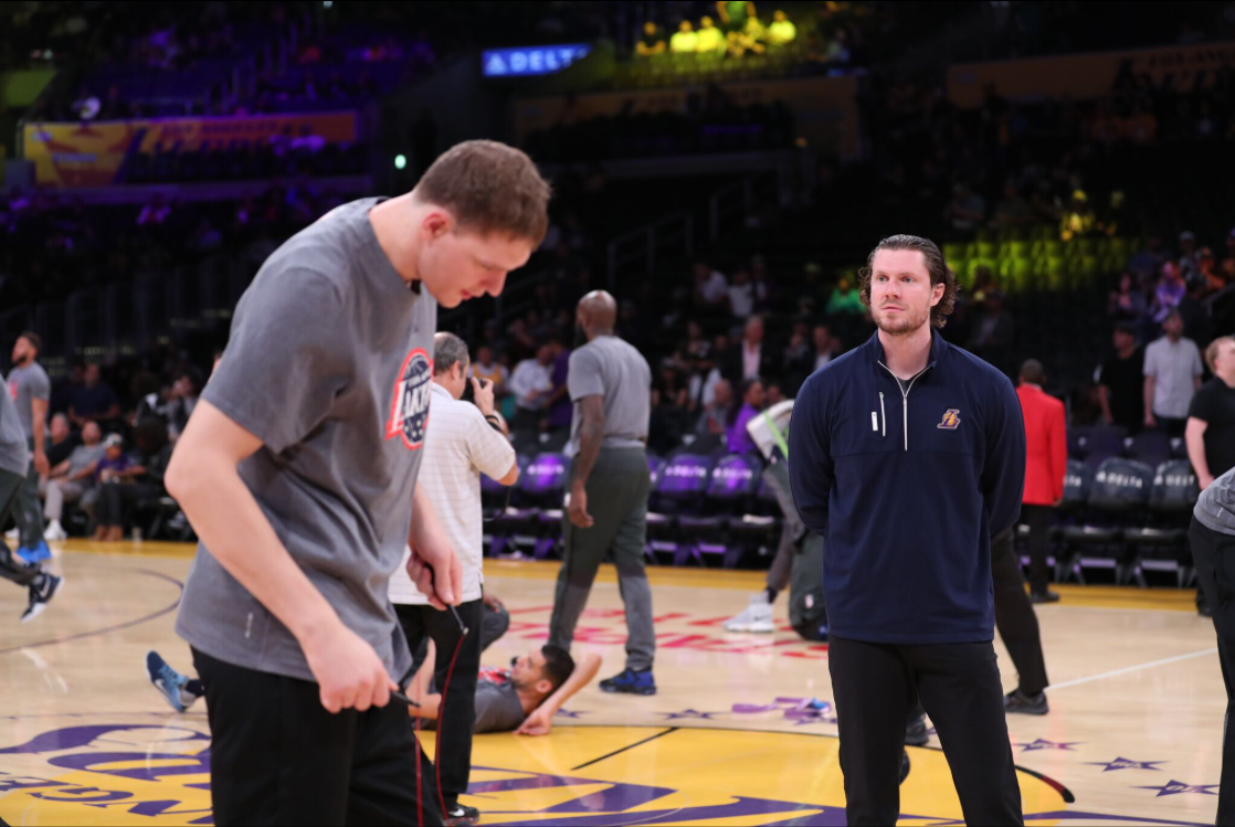 Sean Light on the Lakers court during pre-game warmups.