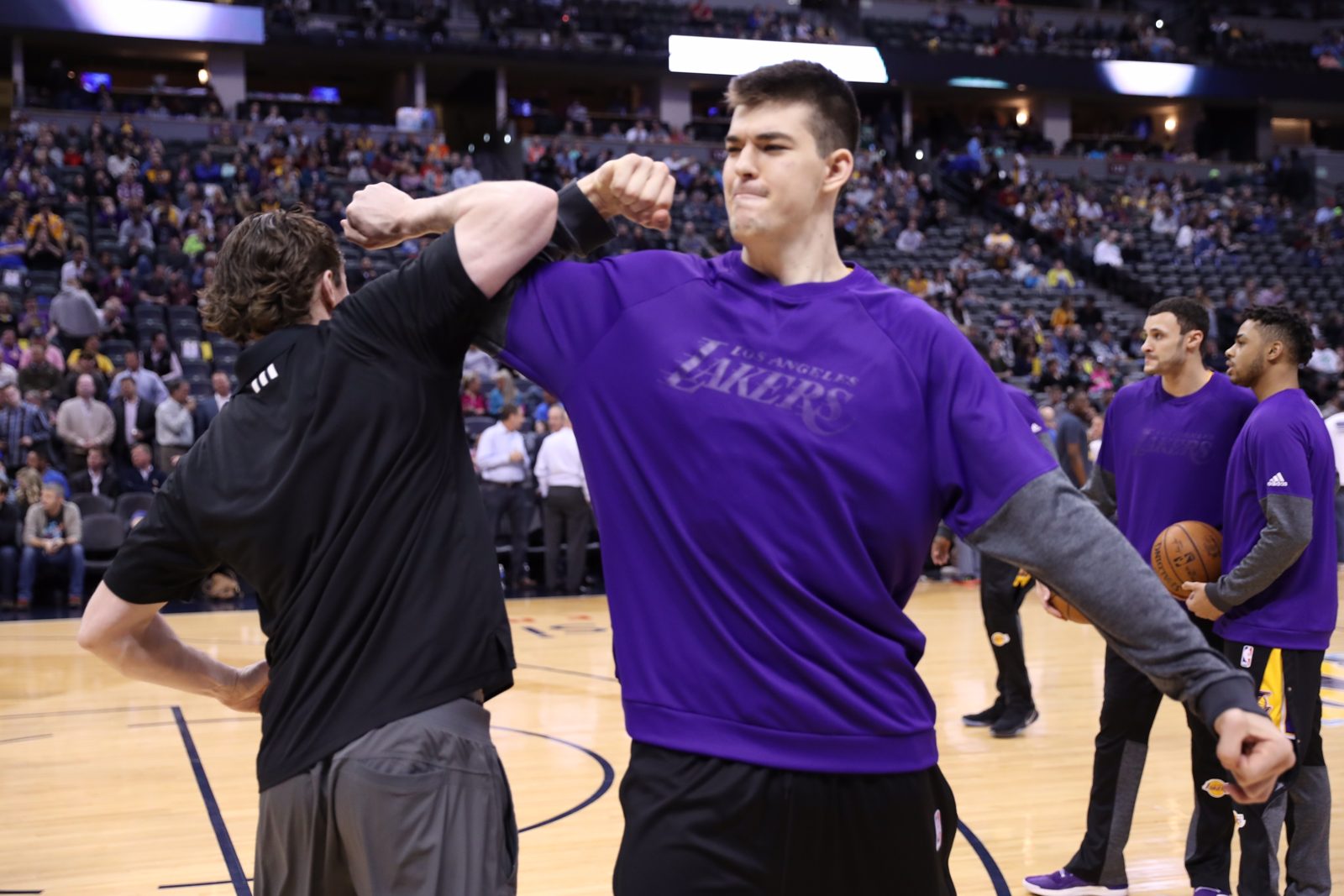 Los Angeles Lakers players warming up before an NBA game